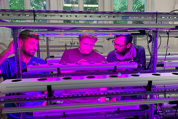 Modern day farmers – Crocus Labs founders Prashanth Makaram and Tim Schäfer studying crops. Vertical farms increase efficiency by growing crops in a controlled environment which rely on artificial light.